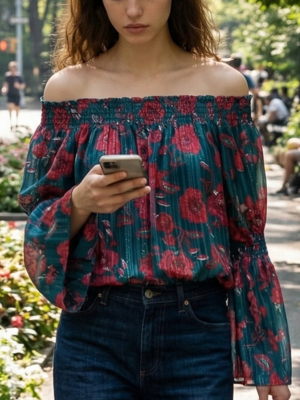 🌸Charming Charlie Floral Scoop Neck Women's Babydoll Top Teal Red Shiny Boho🌸